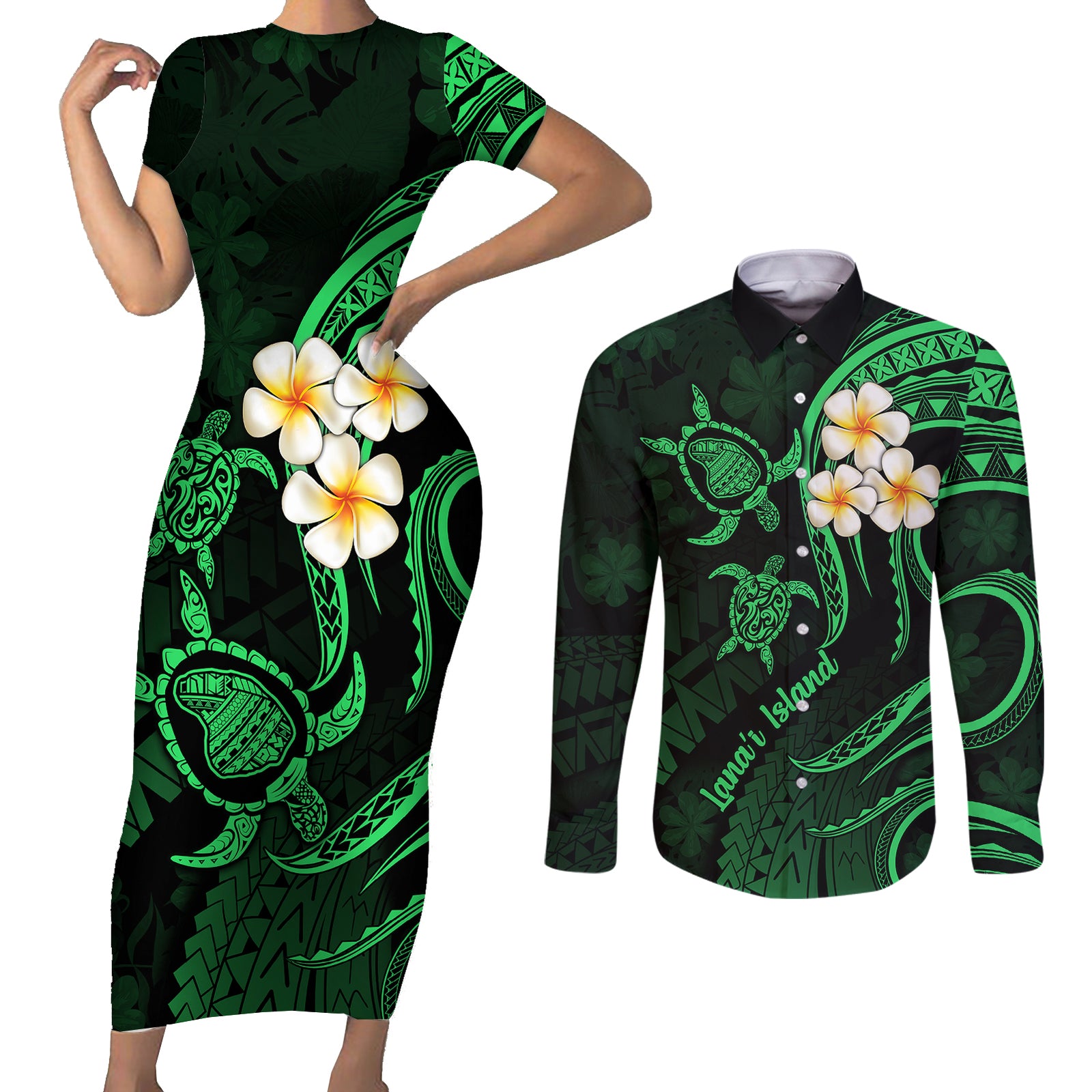 Hawaii Couples Short Sleeve Bodycon Dress and Long Sleeve Button Shirts Lanai Islands Polynesian Sunset Plumeria Green Vibe LT9 Green - Polynesian Pride