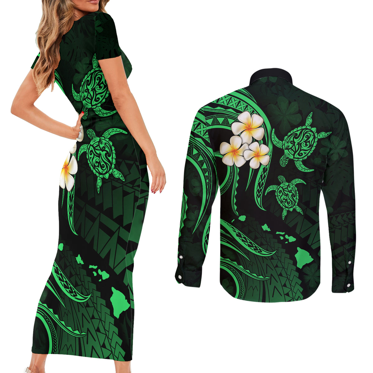 Hawaii Couples Short Sleeve Bodycon Dress and Long Sleeve Button Shirts Lanai Islands Polynesian Sunset Plumeria Green Vibe LT9 - Polynesian Pride