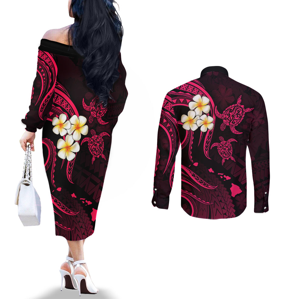 Hawaii Couples Off The Shoulder Long Sleeve Dress and Long Sleeve Button Shirts Lanai Islands Polynesian Sunset Plumeria Pink Vibe LT9 - Polynesian Pride