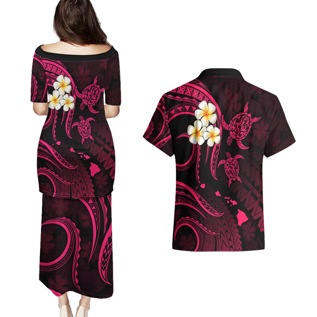 Hawaii Couples Puletasi Dress and Hawaiian Shirt Lanai Islands Polynesian Sunset Plumeria Pink Vibe LT9 - Polynesian Pride