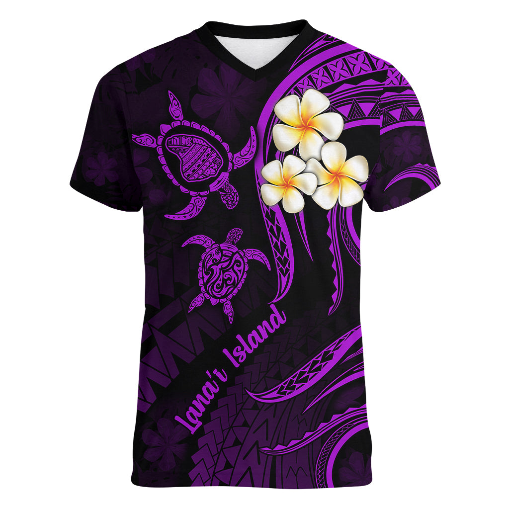 Polynesian Hawaii Women V Neck T Shirt Lanai Islands with Pacific Plumeria Purple Vibe LT9 Female Purple - Polynesian Pride
