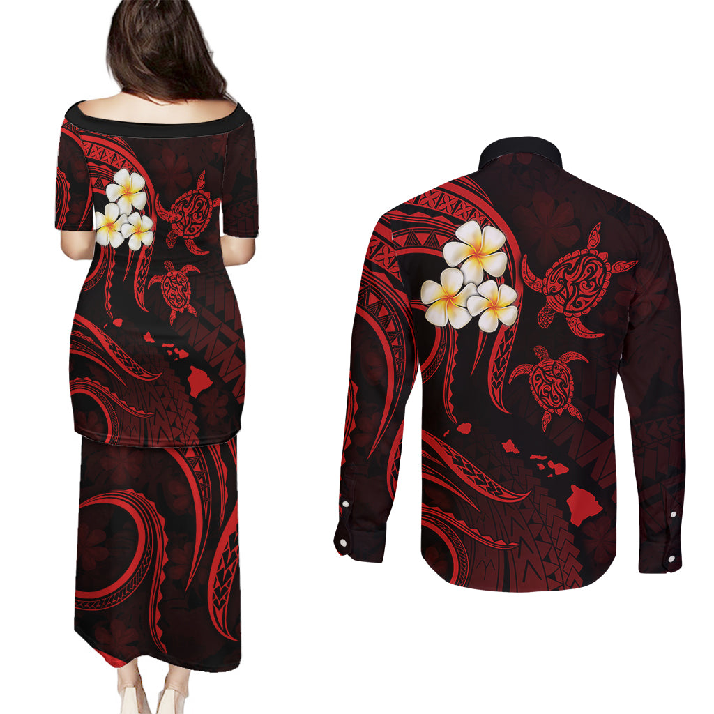 Polynesian Hawaii Couples Puletasi Dress and Long Sleeve Button Shirts Lanai Islands with Pacific Plumeria Red Vibe LT9 - Polynesian Pride