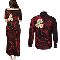 Polynesian Hawaii Couples Puletasi Dress and Long Sleeve Button Shirts Lanai Islands with Pacific Plumeria Red Vibe LT9 - Polynesian Pride