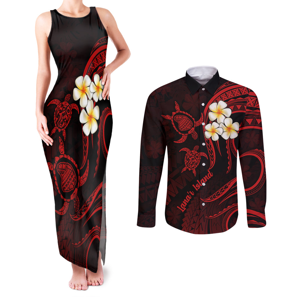 Polynesian Hawaii Couples Matching Tank Maxi Dress and Long Sleeve Button Shirts Lanai Islands with Pacific Plumeria Red Vibe LT9 Red - Polynesian Pride