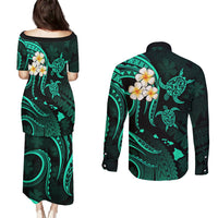 Polynesian Hawaii Couples Puletasi Dress and Long Sleeve Button Shirts Lanai Islands with Pacific Plumeria Turquoise Vibe LT9 - Polynesian Pride