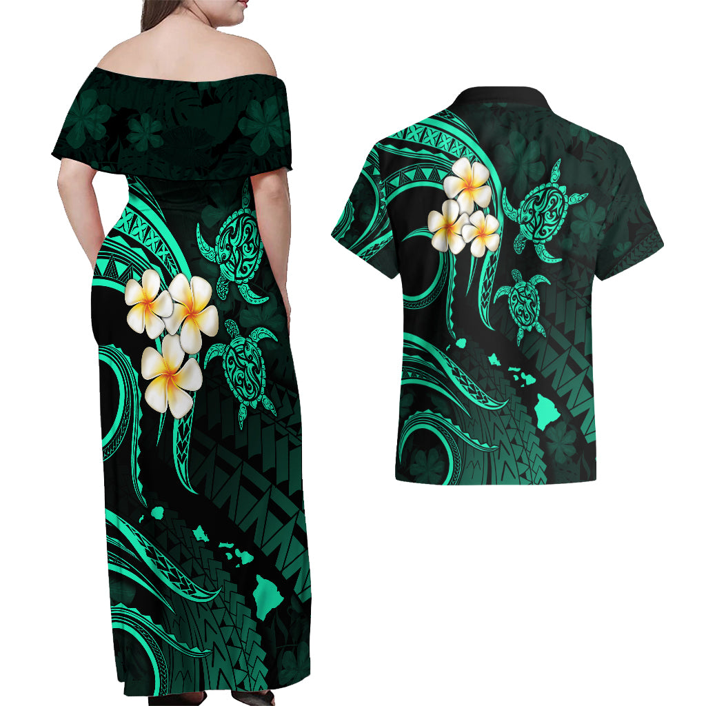 Polynesian Hawaii Couples Off Shoulder Maxi Dress and Hawaiian Shirt Lanai Islands with Pacific Plumeria Turquoise Vibe LT9 - Polynesian Pride