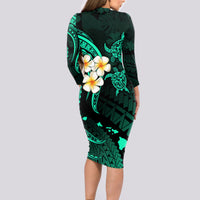 Polynesian Hawaii Long Sleeve Bodycon Dress Lanai Islands with Pacific Plumeria Turquoise Vibe LT9 - Polynesian Pride