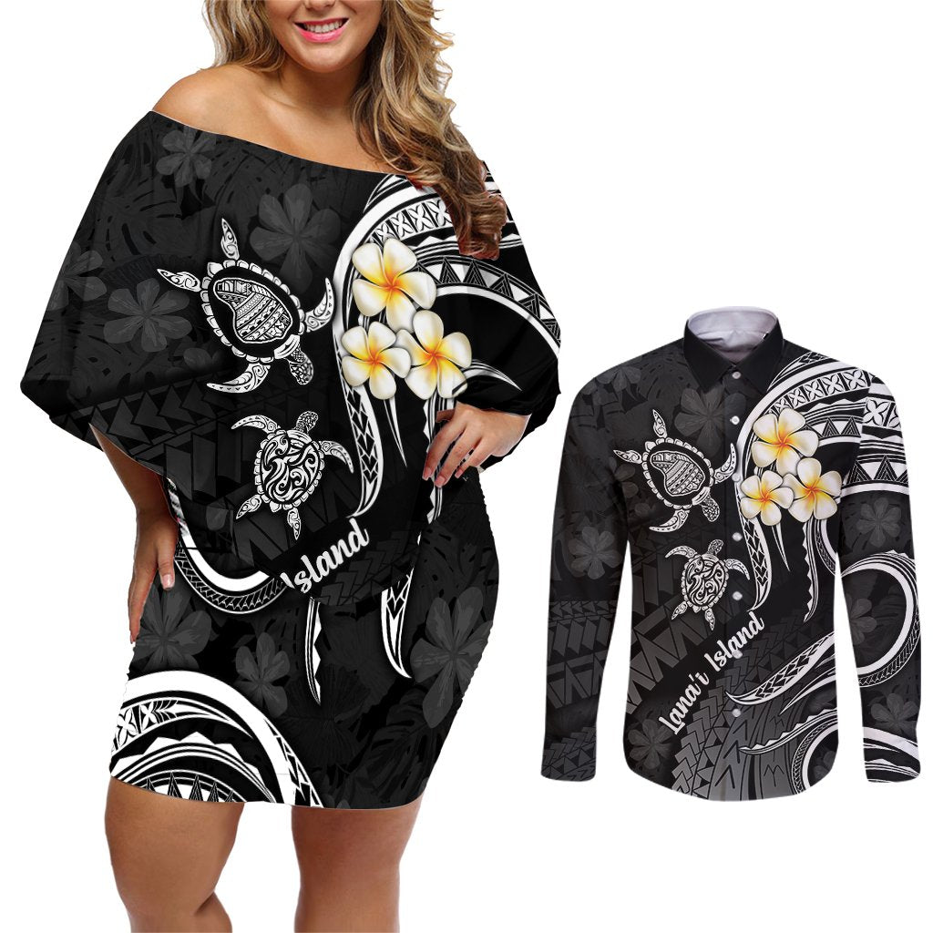 Polynesian Hawaii Couples Off Shoulder Short Dress and Long Sleeve Button Shirts Lanai Islands with Pacific Plumeria White Vibe LT9 White - Polynesian Pride