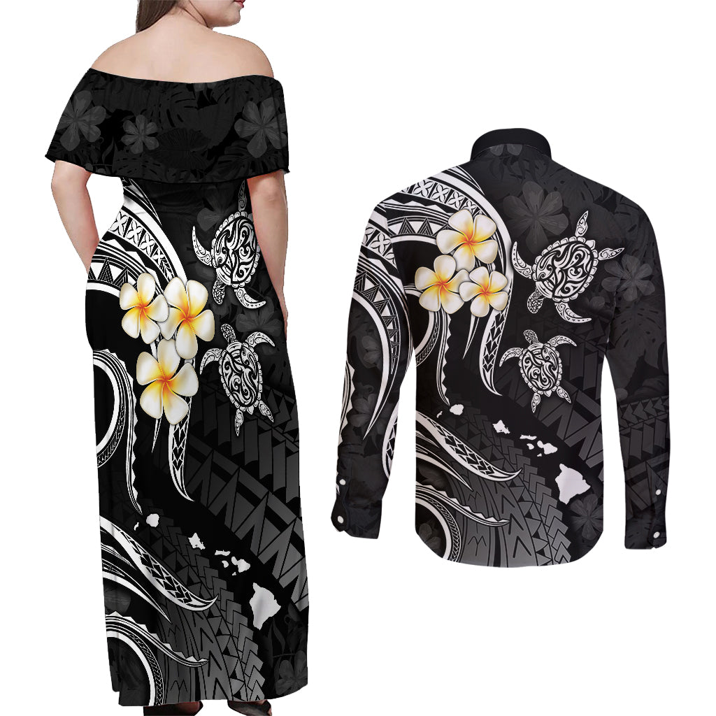 Polynesian Hawaii Couples Off Shoulder Maxi Dress and Long Sleeve Button Shirts Lanai Islands with Pacific Plumeria White Vibe LT9 - Polynesian Pride