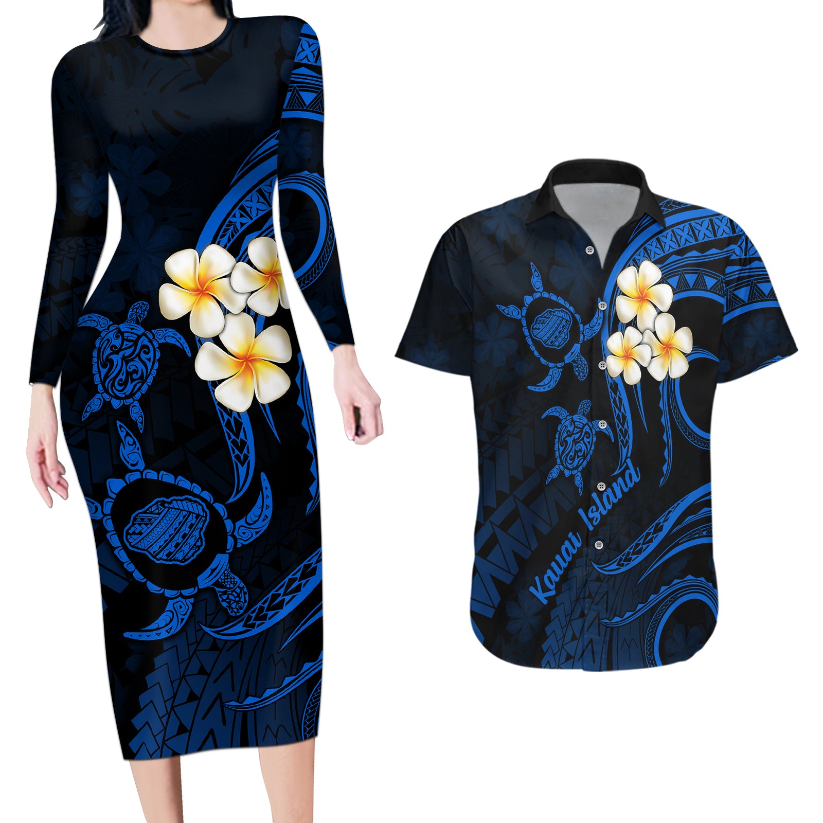Hawaii Couples Long Sleeve Bodycon Dress and Hawaiian Shirt Kauai Islands Polynesian Sunset Plumeria LT9 Blue - Polynesian Pride