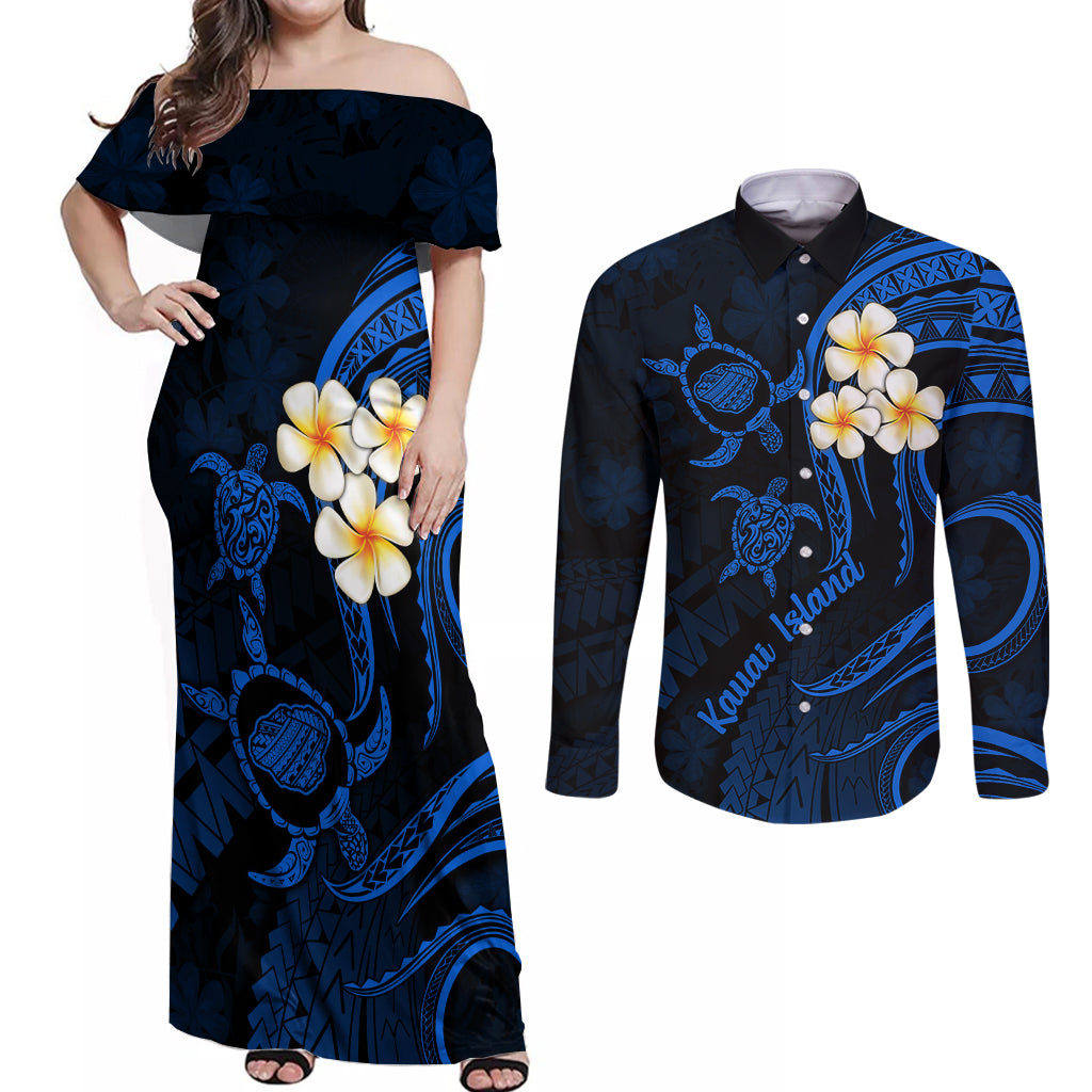 Hawaii Couples Off Shoulder Maxi Dress and Long Sleeve Button Shirts Kauai Islands Polynesian Sunset Plumeria LT9 Blue - Polynesian Pride