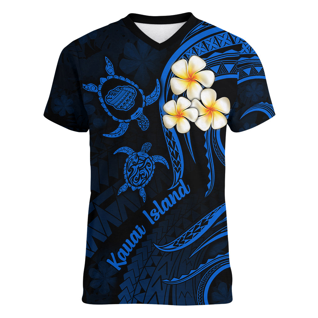 Hawaii Women V Neck T Shirt Kauai Islands Polynesian Sunset Plumeria LT9 Female Blue - Polynesian Pride