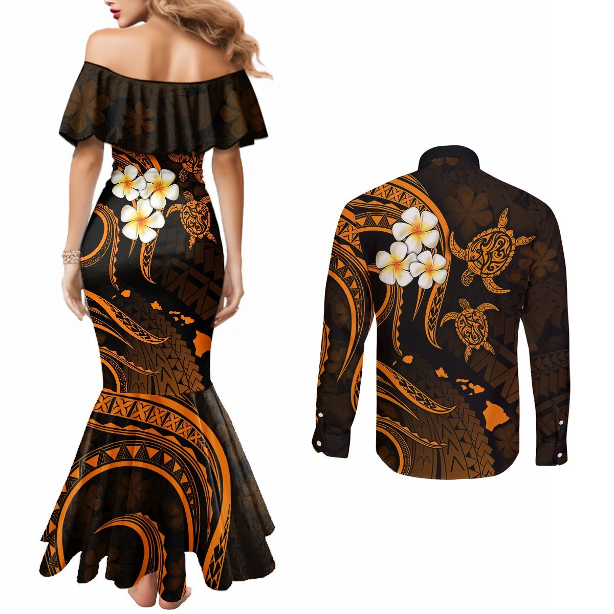 Hawaii Couples Mermaid Dress and Long Sleeve Button Shirts Kauai Islands Polynesian Sunset Plumeria Gold Vibe LT9 - Polynesian Pride