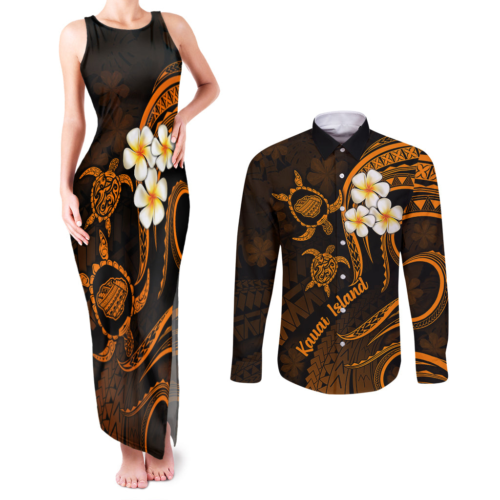 Hawaii Couples Matching Tank Maxi Dress and Long Sleeve Button Shirts Kauai Islands Polynesian Sunset Plumeria Gold Vibe LT9 Gold - Polynesian Pride