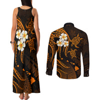 Hawaii Couples Matching Tank Maxi Dress and Long Sleeve Button Shirts Kauai Islands Polynesian Sunset Plumeria Gold Vibe LT9 - Polynesian Pride