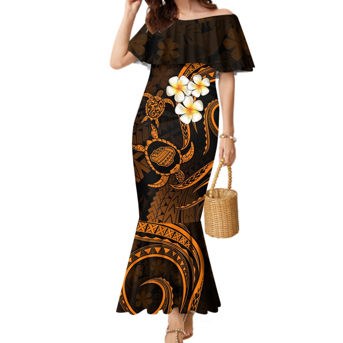Hawaii Mermaid Dress Kauai Islands Polynesian Sunset Plumeria Gold Vibe LT9 Women Gold - Polynesian Pride