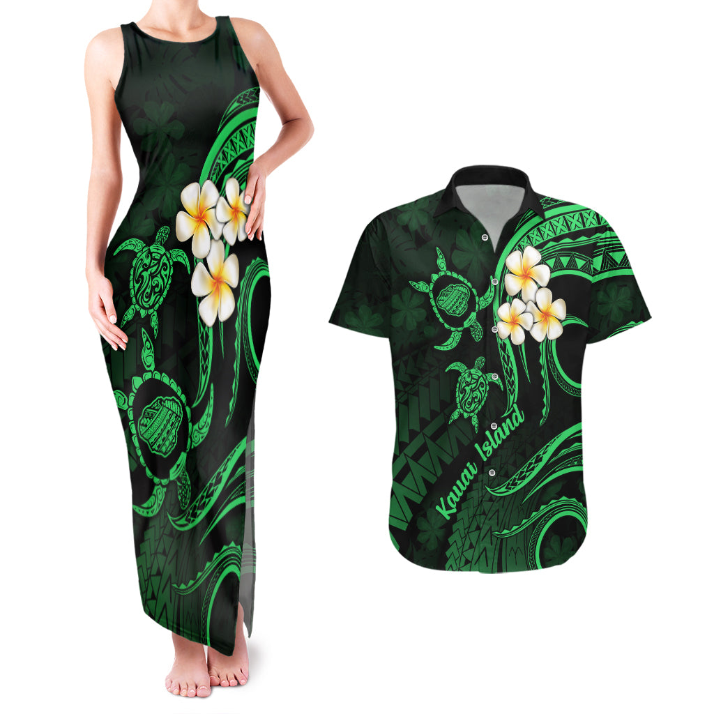 Hawaii Couples Matching Tank Maxi Dress And Hawaiian Shirt Kauai Islands Polynesian Sunset Plumeria Green Vibe LT9 Green - Polynesian Pride