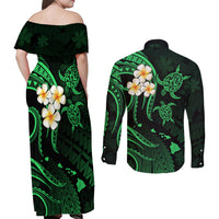 Hawaii Couples Off Shoulder Maxi Dress and Long Sleeve Button Shirts Kauai Islands Polynesian Sunset Plumeria Green Vibe LT9 - Polynesian Pride