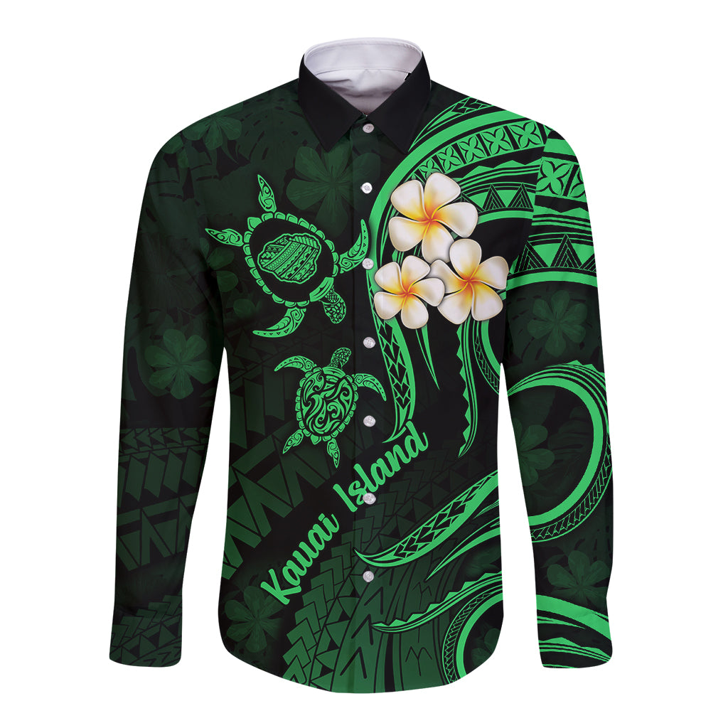 Hawaii Long Sleeve Button Shirt Kauai Islands Polynesian Sunset Plumeria Green Vibe LT9 Unisex Green - Polynesian Pride