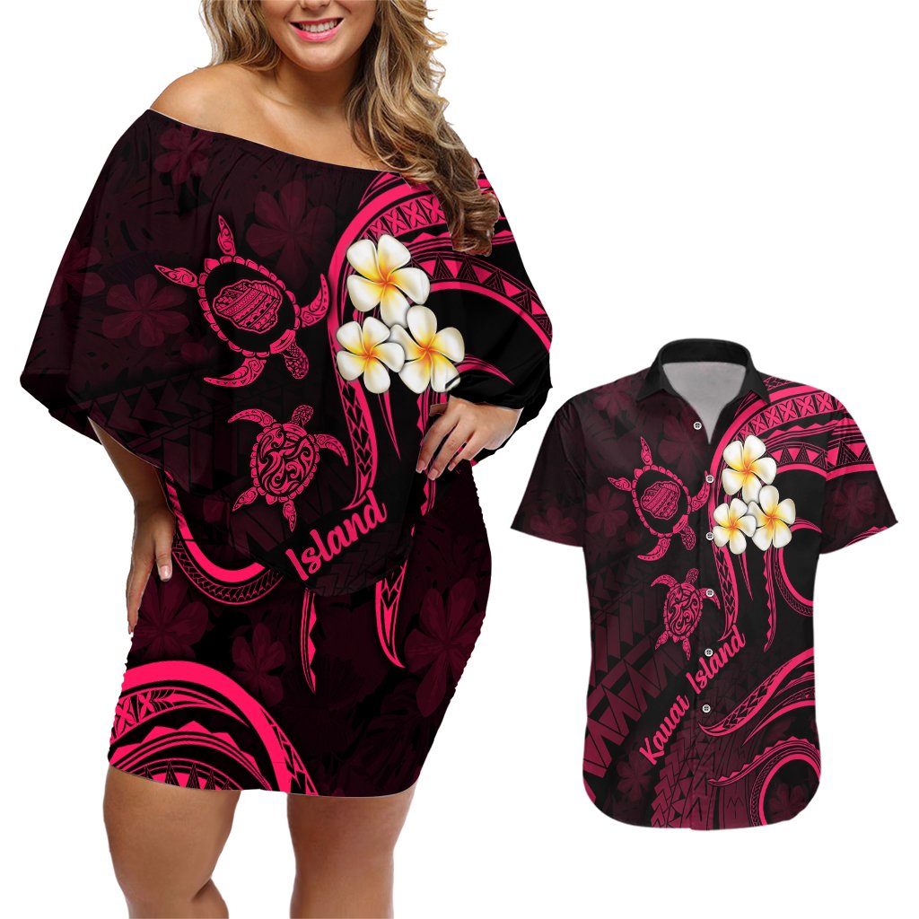 Hawaii Couples Off Shoulder Short Dress and Hawaiian Shirt Kauai Islands Polynesian Sunset Plumeria Pink Vibe LT9 Pink - Polynesian Pride