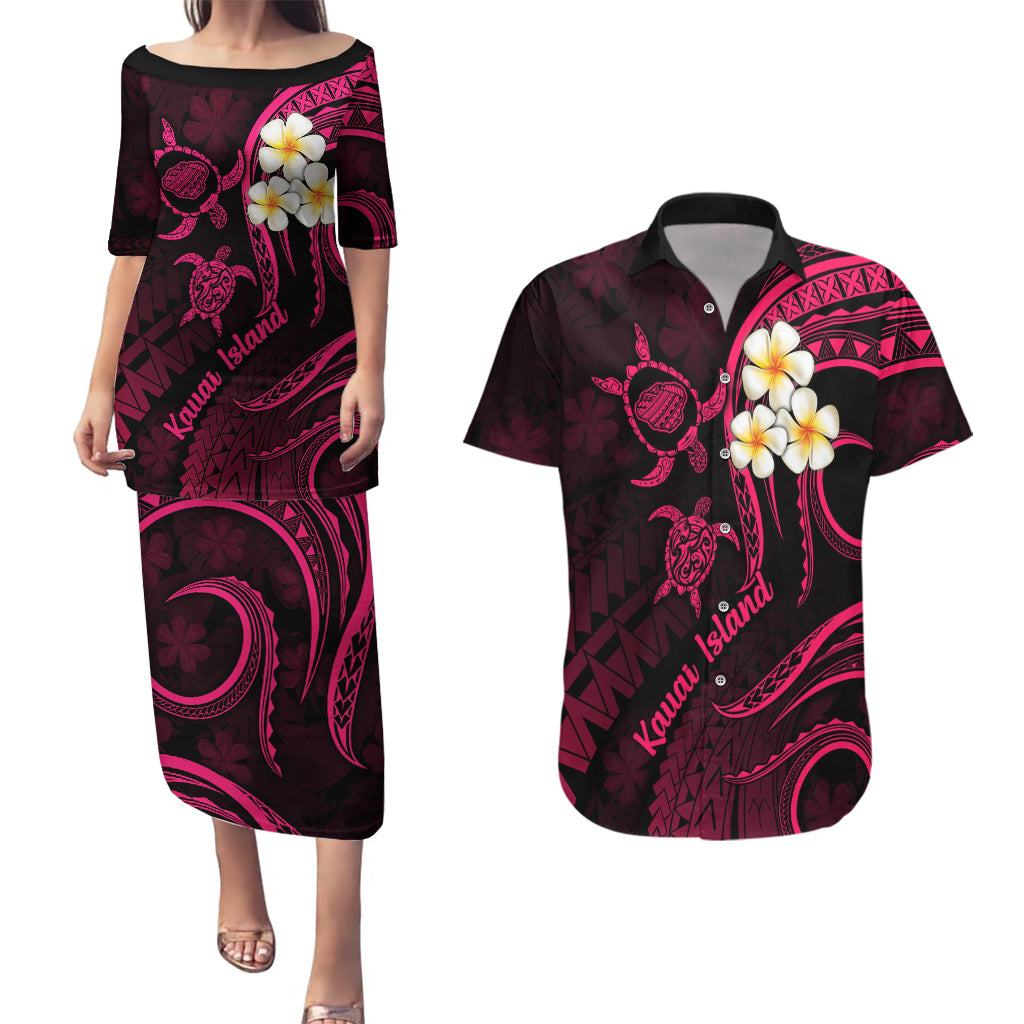 Hawaii Couples Puletasi Dress and Hawaiian Shirt Kauai Islands Polynesian Sunset Plumeria Pink Vibe LT9 Pink - Polynesian Pride