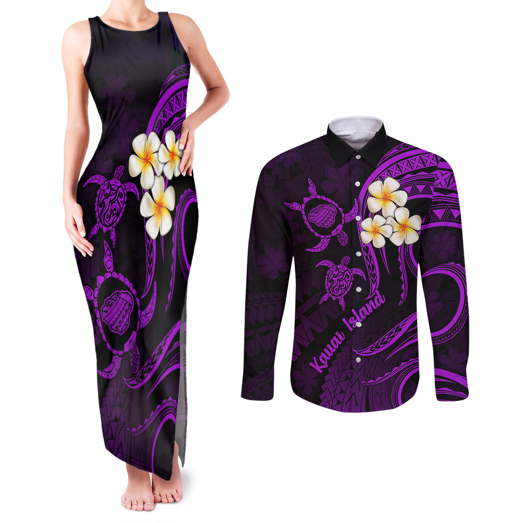 Polynesian Hawaii Couples Matching Tank Maxi Dress and Long Sleeve Button Shirts Kauai Islands with Pacific Plumeria Purple Vibe LT9 Purple - Polynesian Pride