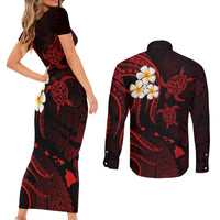 Polynesian Hawaii Couples Short Sleeve Bodycon Dress and Long Sleeve Button Shirts Kauai Islands with Pacific Plumeria Red Vibe LT9 - Polynesian Pride