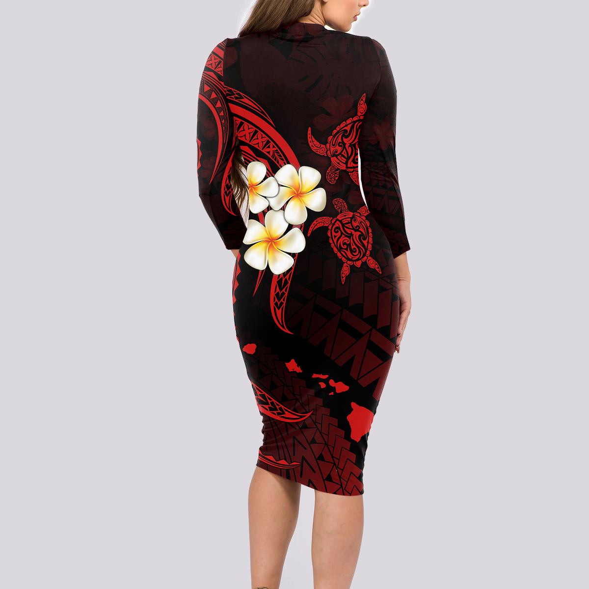 Polynesian Hawaii Long Sleeve Bodycon Dress Kauai Islands with Pacific Plumeria Red Vibe LT9 - Polynesian Pride