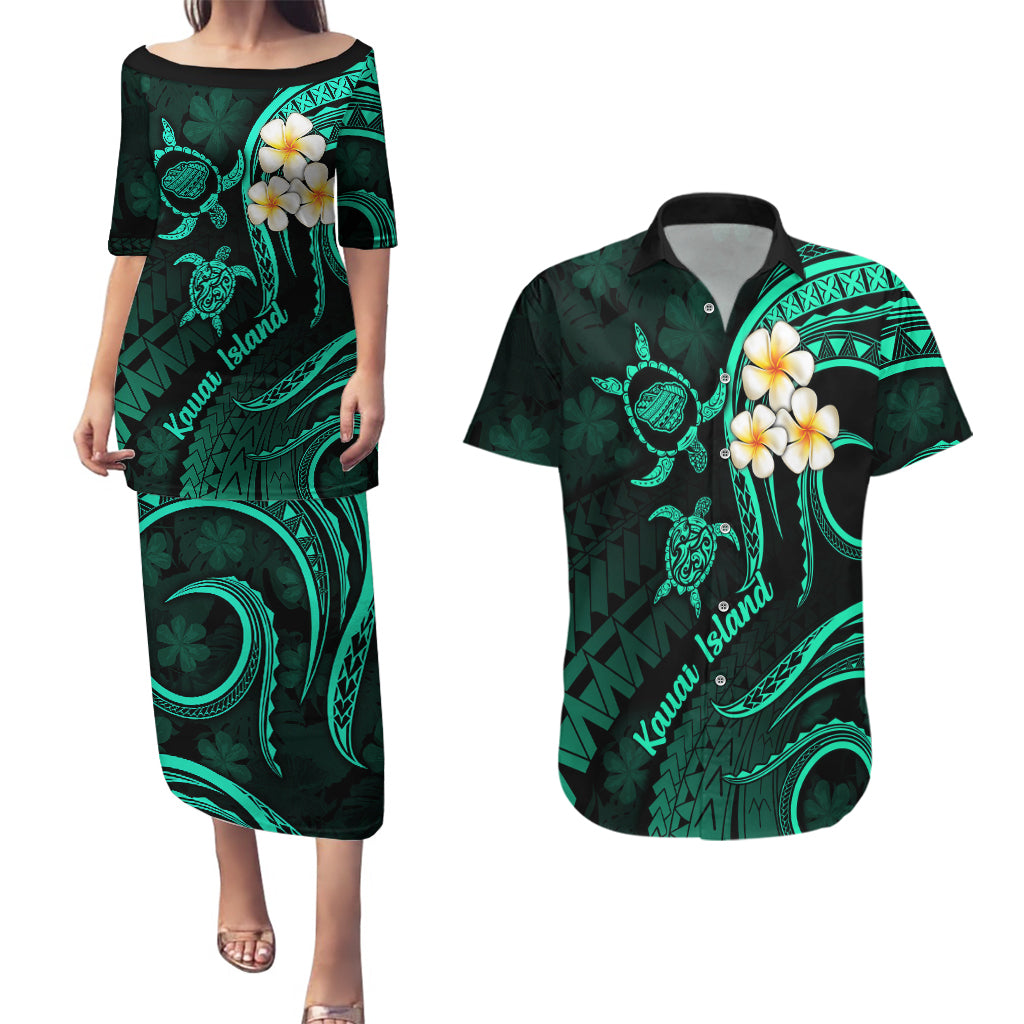 Polynesian Hawaii Couples Puletasi Dress and Hawaiian Shirt Kauai Islands with Pacific Plumeria Turquoise Vibe LT9 Turquoise - Polynesian Pride
