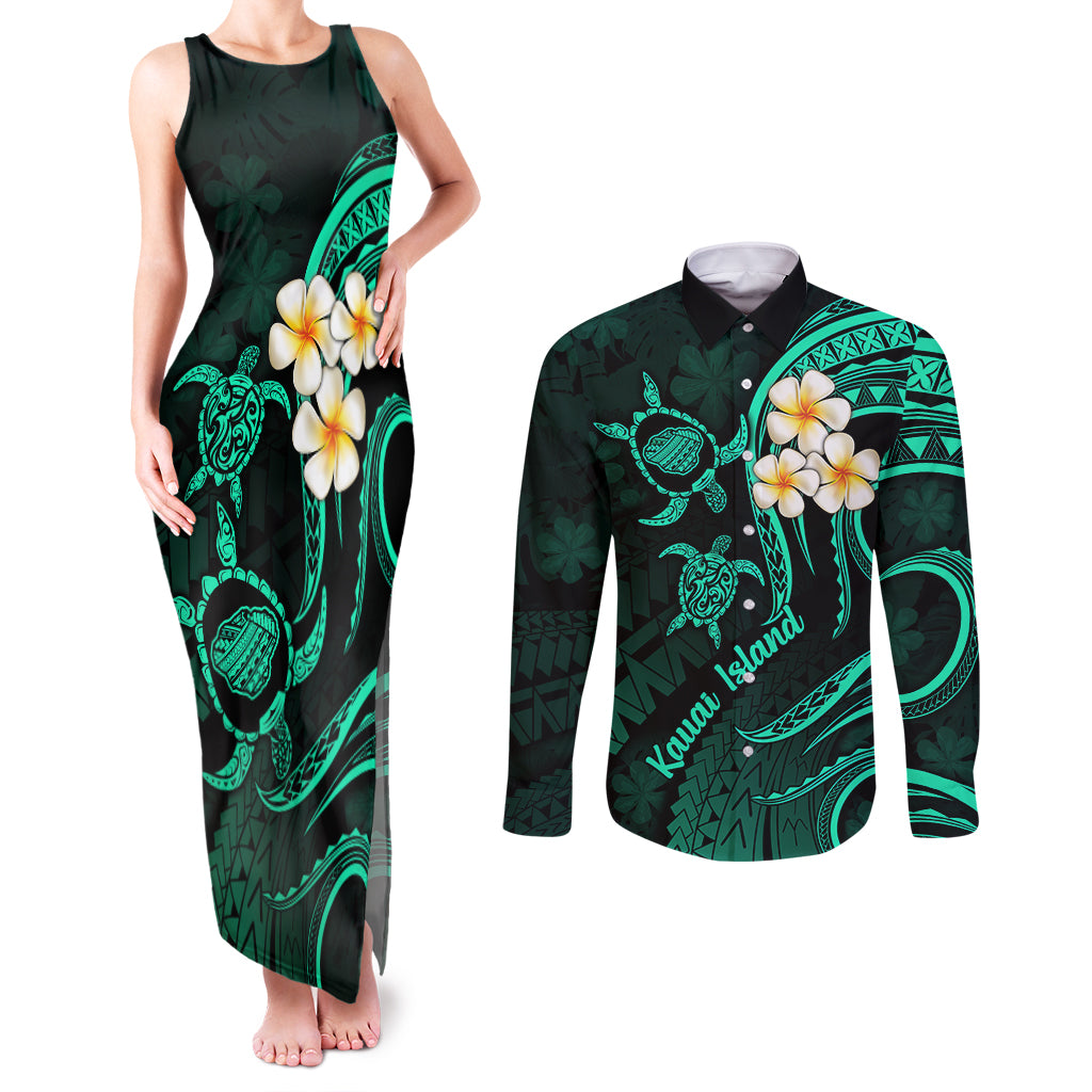 Polynesian Hawaii Couples Matching Tank Maxi Dress and Long Sleeve Button Shirts Kauai Islands with Pacific Plumeria Turquoise Vibe LT9 Turquoise - Polynesian Pride