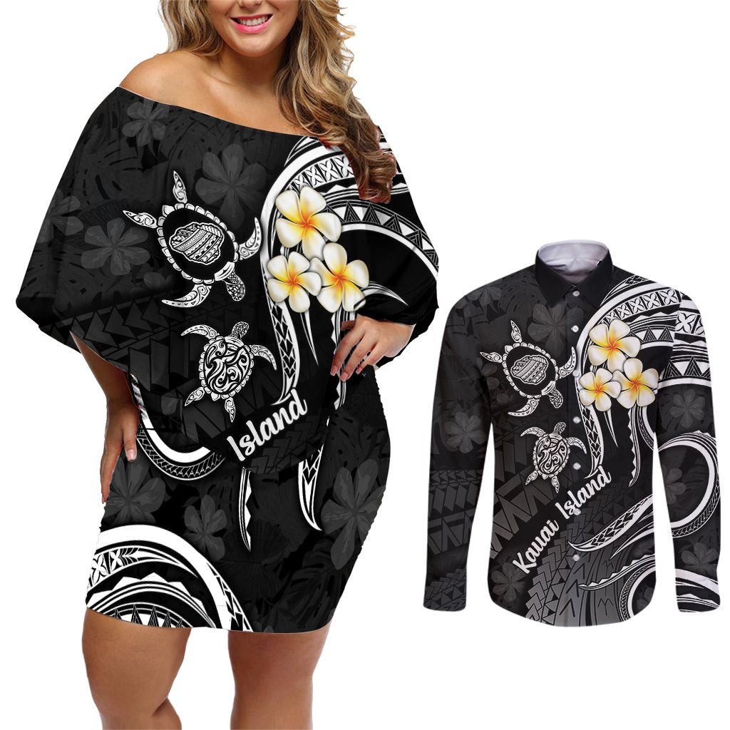 Polynesian Hawaii Couples Off Shoulder Short Dress and Long Sleeve Button Shirts Kauai Islands with Pacific Plumeria White Vibe LT9 White - Polynesian Pride
