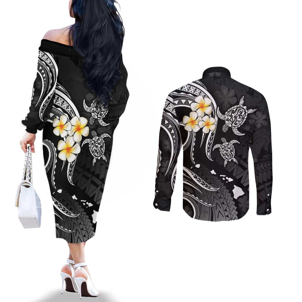 Polynesian Hawaii Couples Off The Shoulder Long Sleeve Dress and Long Sleeve Button Shirts Kauai Islands with Pacific Plumeria White Vibe LT9 - Polynesian Pride