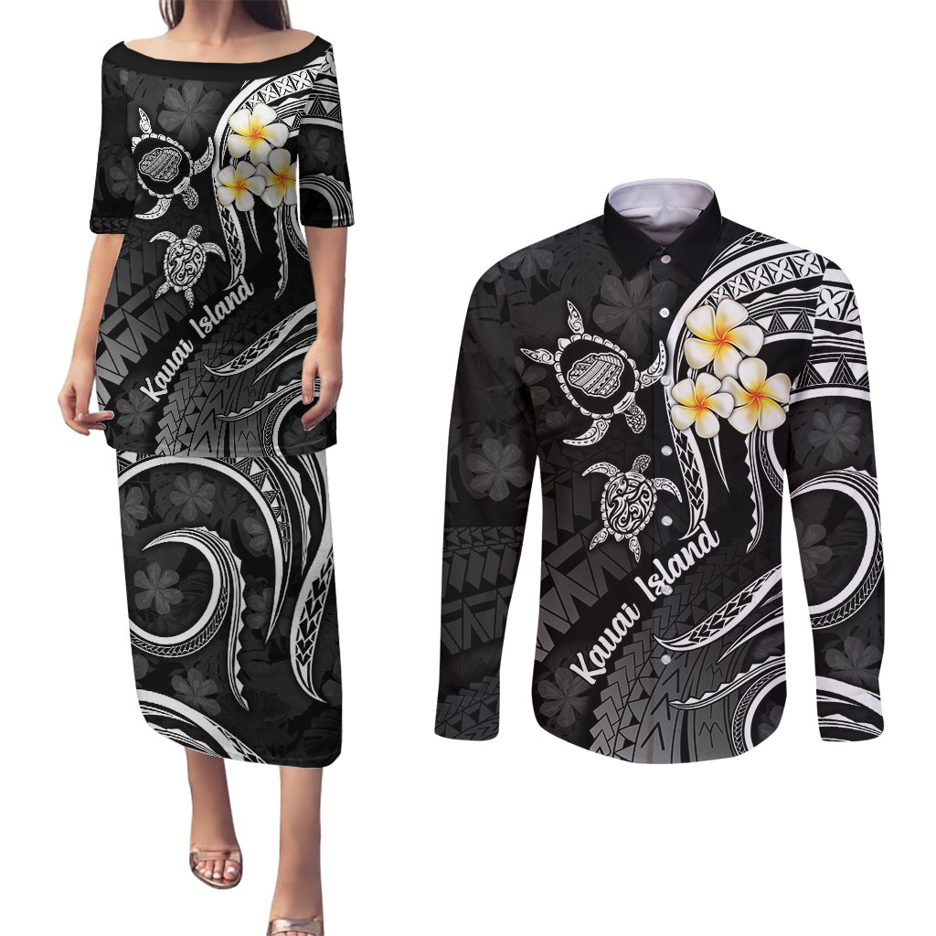 Polynesian Hawaii Couples Puletasi Dress and Long Sleeve Button Shirts Kauai Islands with Pacific Plumeria White Vibe LT9 White - Polynesian Pride