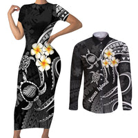 Polynesian Hawaii Couples Short Sleeve Bodycon Dress and Long Sleeve Button Shirts Kauai Islands with Pacific Plumeria White Vibe LT9 White - Polynesian Pride