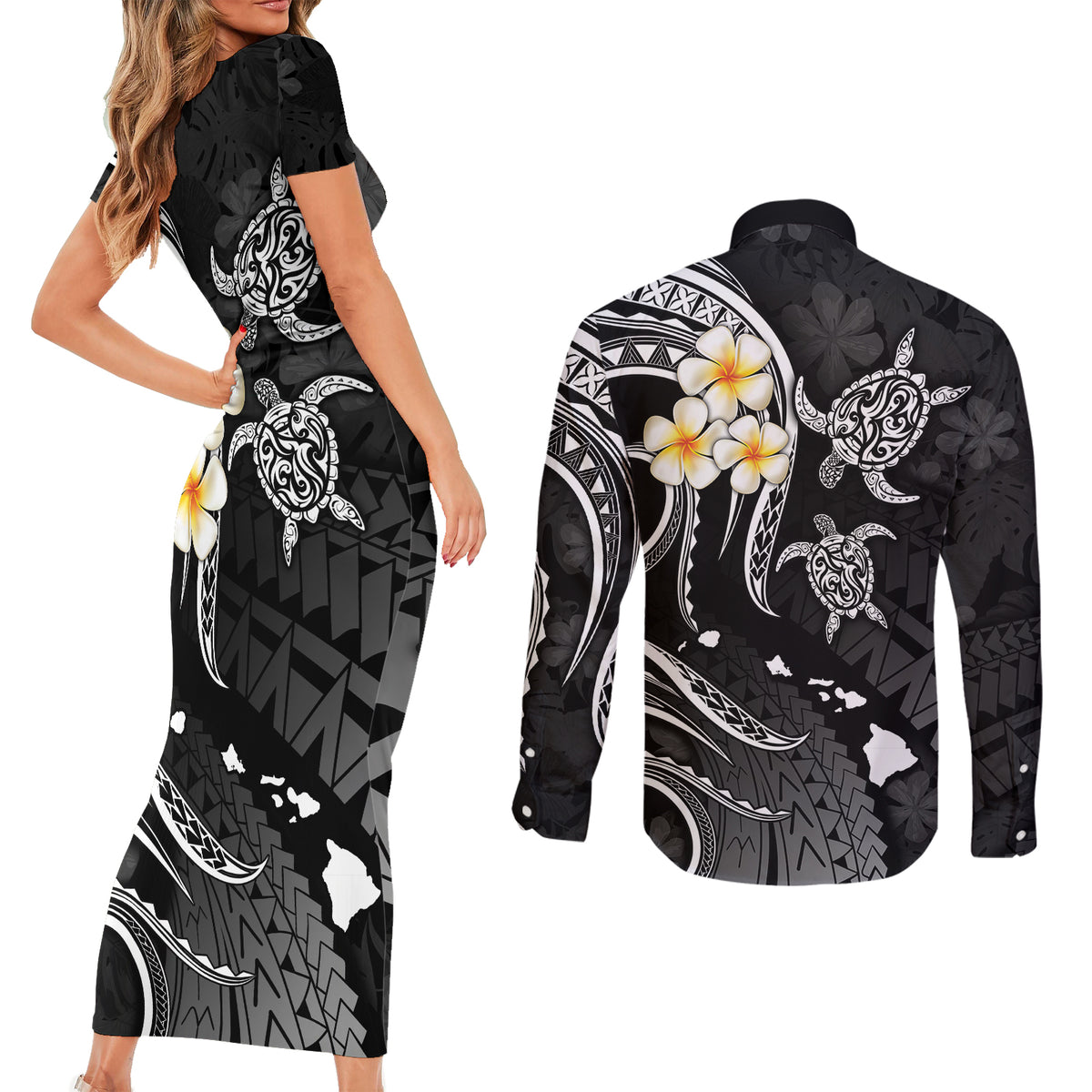 Polynesian Hawaii Couples Short Sleeve Bodycon Dress and Long Sleeve Button Shirts Kauai Islands with Pacific Plumeria White Vibe LT9 - Polynesian Pride