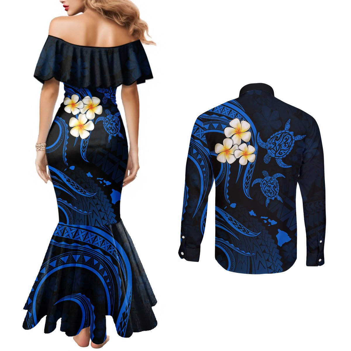 Hawaii Couples Mermaid Dress and Long Sleeve Button Shirts Kahoolawe Islands Polynesian Sunset Plumeria LT9 - Polynesian Pride
