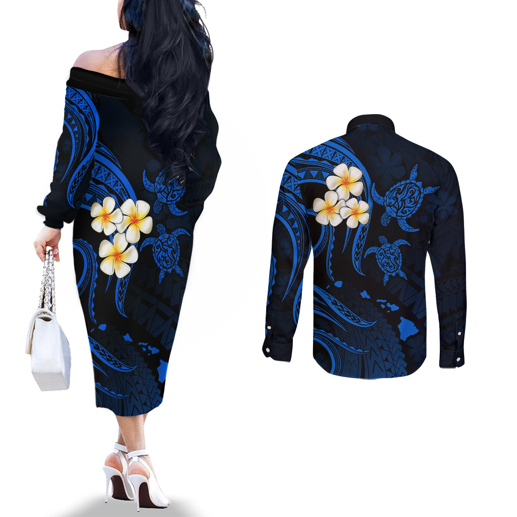 Hawaii Couples Off The Shoulder Long Sleeve Dress and Long Sleeve Button Shirts Kahoolawe Islands Polynesian Sunset Plumeria LT9 - Polynesian Pride