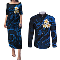 Hawaii Couples Puletasi Dress and Long Sleeve Button Shirts Kahoolawe Islands Polynesian Sunset Plumeria LT9 Blue - Polynesian Pride