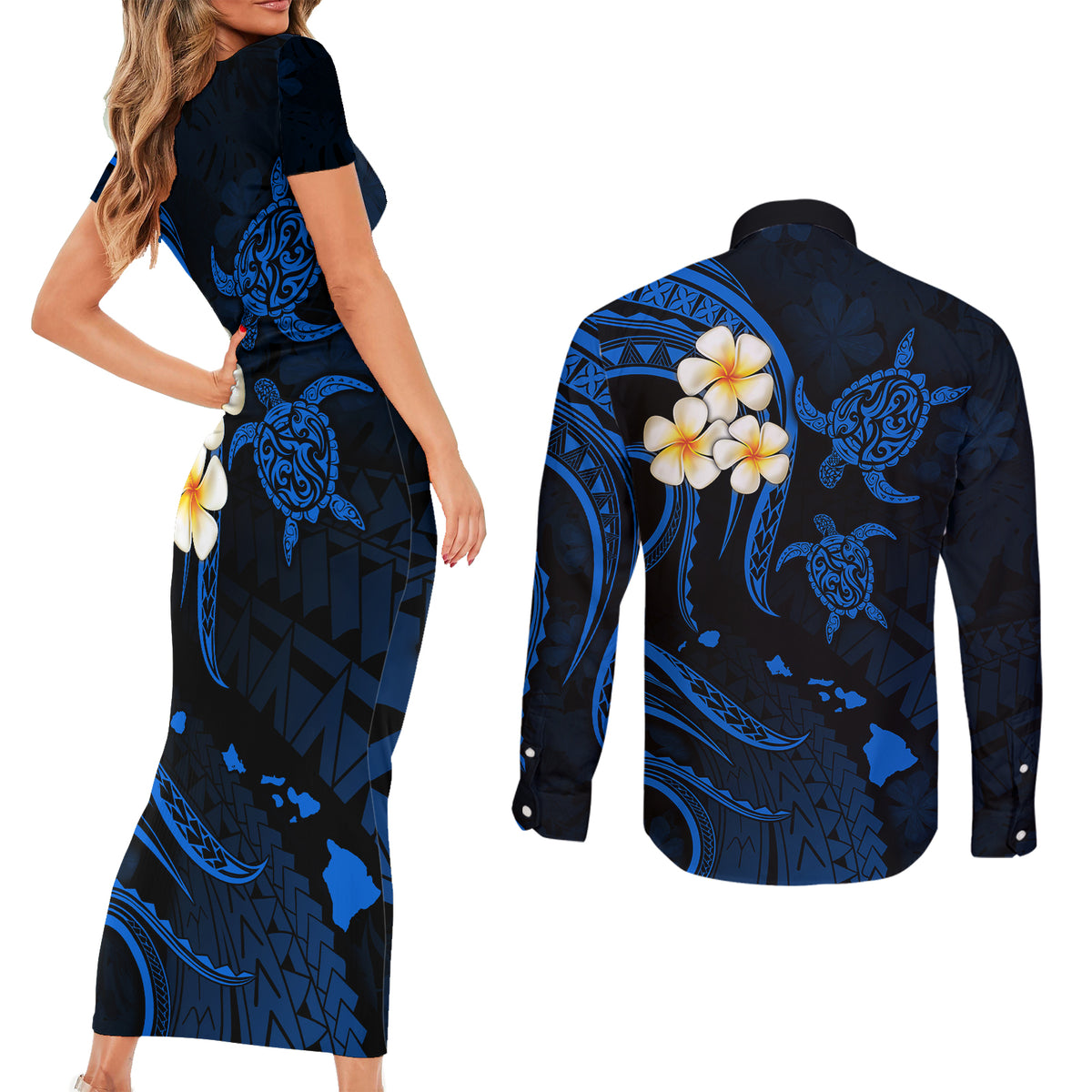 Hawaii Couples Short Sleeve Bodycon Dress and Long Sleeve Button Shirts Kahoolawe Islands Polynesian Sunset Plumeria LT9 - Polynesian Pride