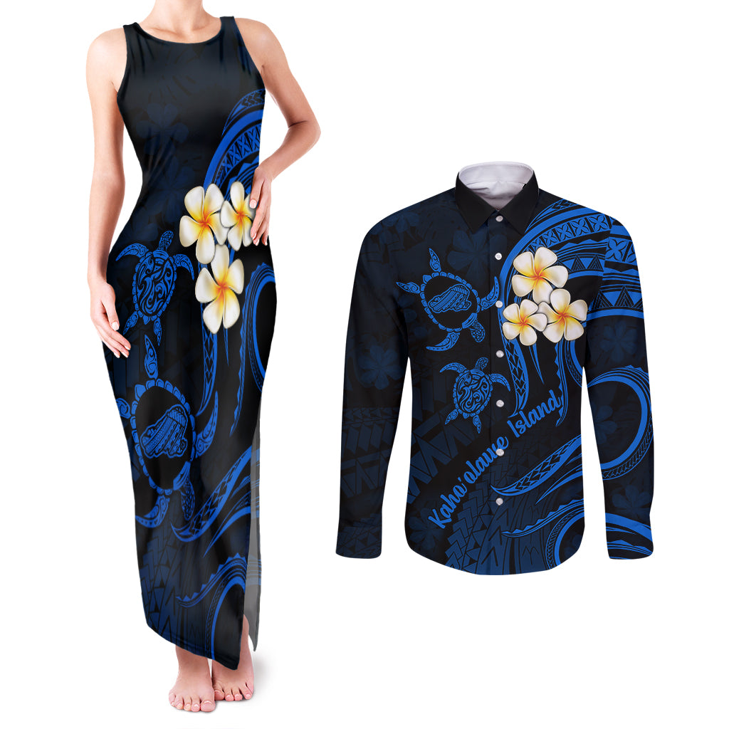Hawaii Couples Matching Tank Maxi Dress and Long Sleeve Button Shirts Kahoolawe Islands Polynesian Sunset Plumeria LT9 Blue - Polynesian Pride