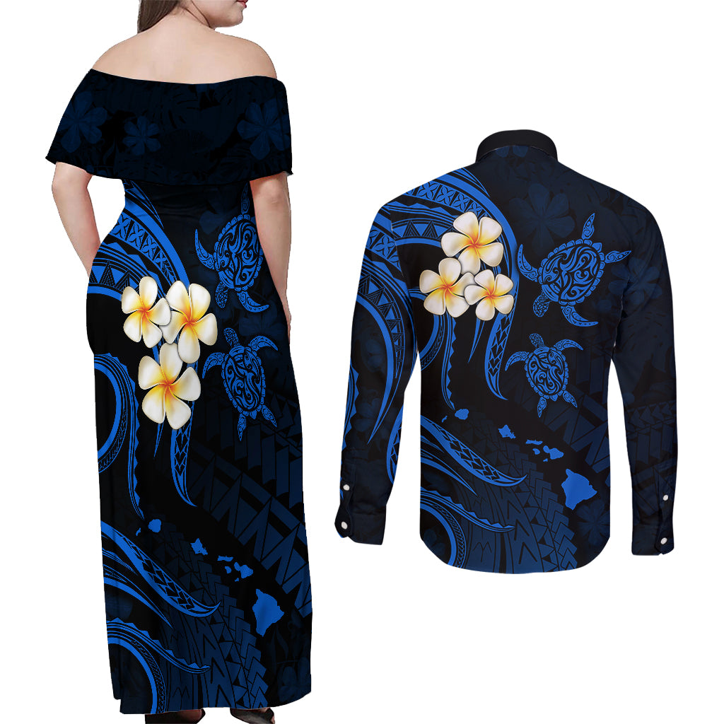 Hawaii Couples Off Shoulder Maxi Dress and Long Sleeve Button Shirts Kahoolawe Islands Polynesian Sunset Plumeria LT9 - Polynesian Pride