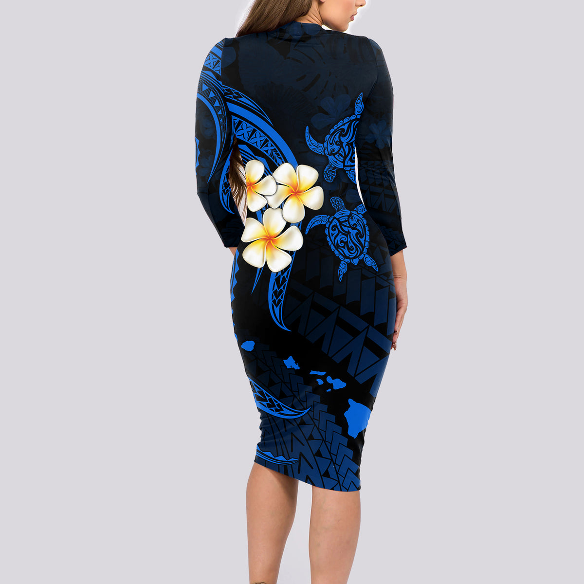 Hawaii Long Sleeve Bodycon Dress Kahoolawe Islands Polynesian Sunset Plumeria LT9 - Polynesian Pride