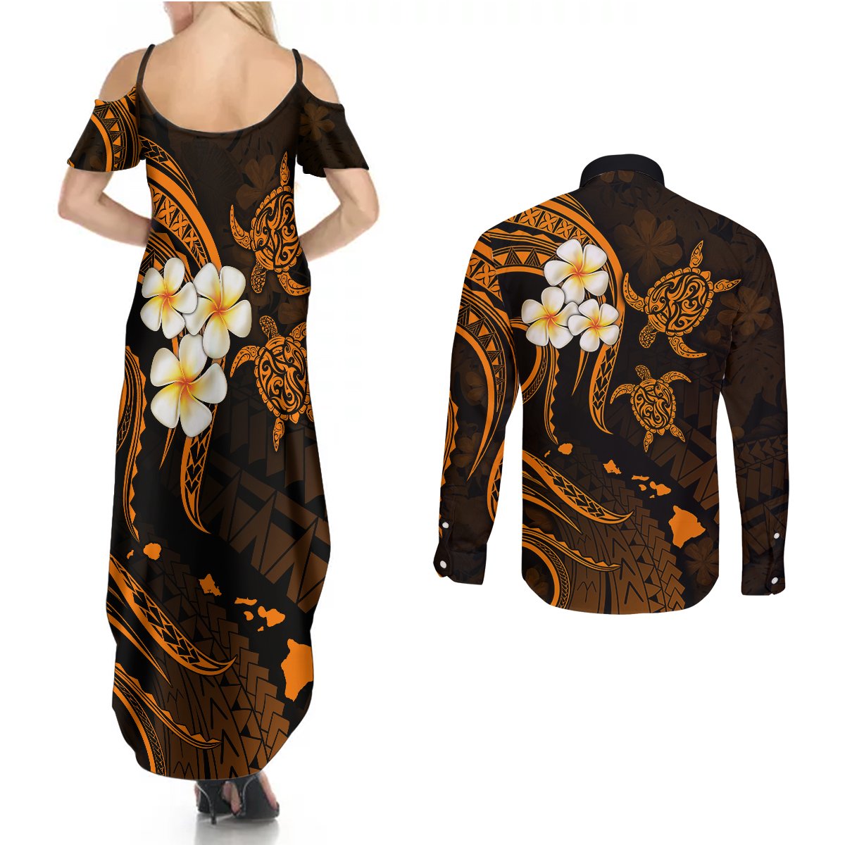 Hawaii Couples Summer Maxi Dress and Long Sleeve Button Shirts Kahoolawe Islands Polynesian Sunset Plumeria Gold Vibe LT9 - Polynesian Pride