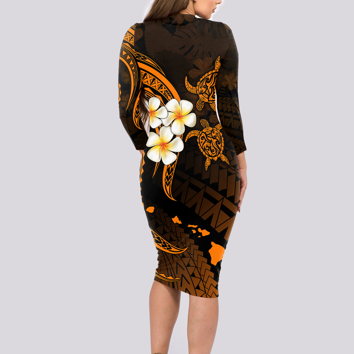 Hawaii Long Sleeve Bodycon Dress Kahoolawe Islands Polynesian Sunset Plumeria Gold Vibe LT9 - Polynesian Pride