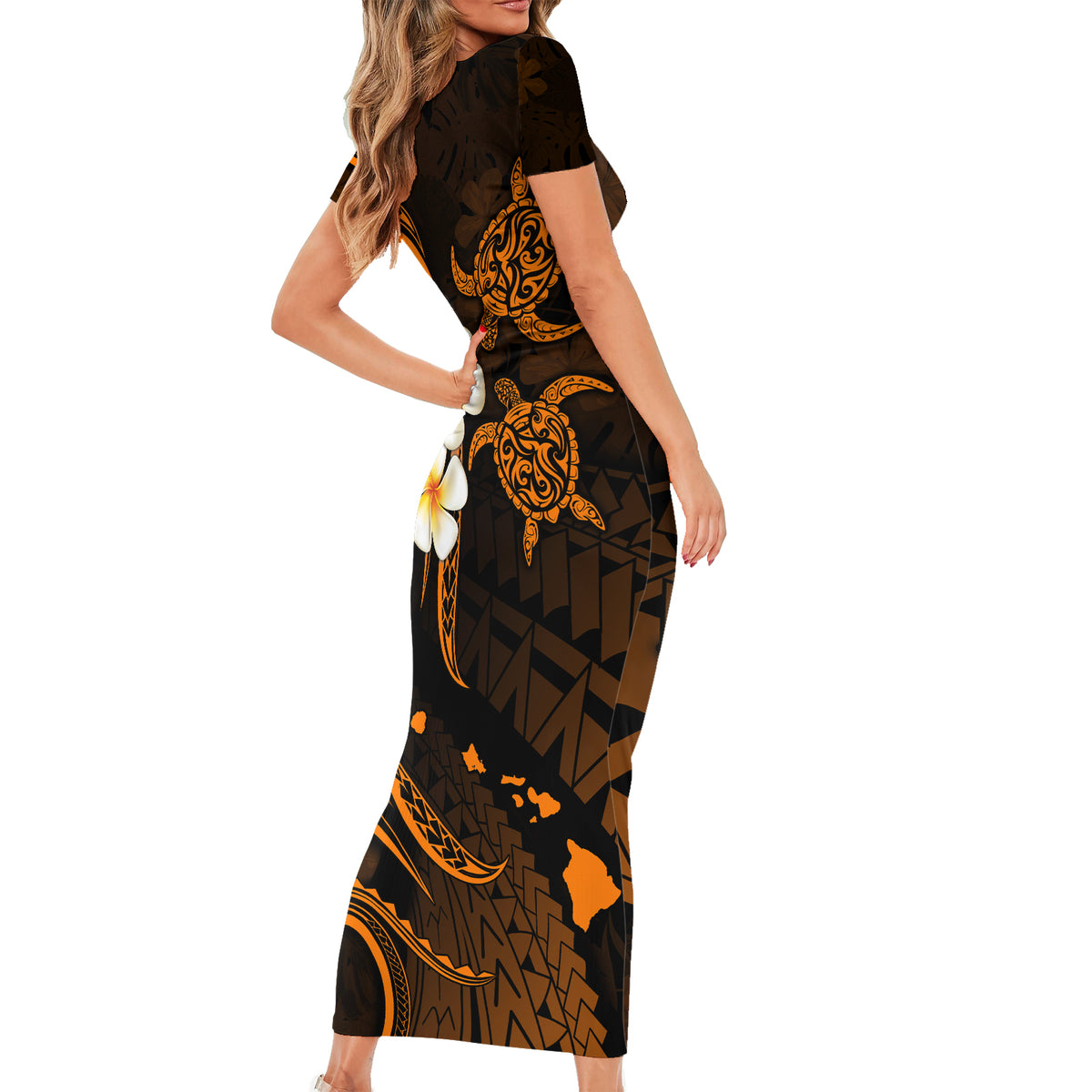 Hawaii Short Sleeve Bodycon Dress Kahoolawe Islands Polynesian Sunset Plumeria Gold Vibe LT9 - Polynesian Pride