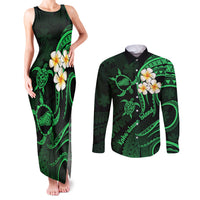 Hawaii Couples Matching Tank Maxi Dress and Long Sleeve Button Shirts Kahoolawe Islands Polynesian Sunset Plumeria Green Vibe LT9 Green - Polynesian Pride