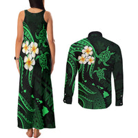 Hawaii Couples Matching Tank Maxi Dress and Long Sleeve Button Shirts Kahoolawe Islands Polynesian Sunset Plumeria Green Vibe LT9 - Polynesian Pride
