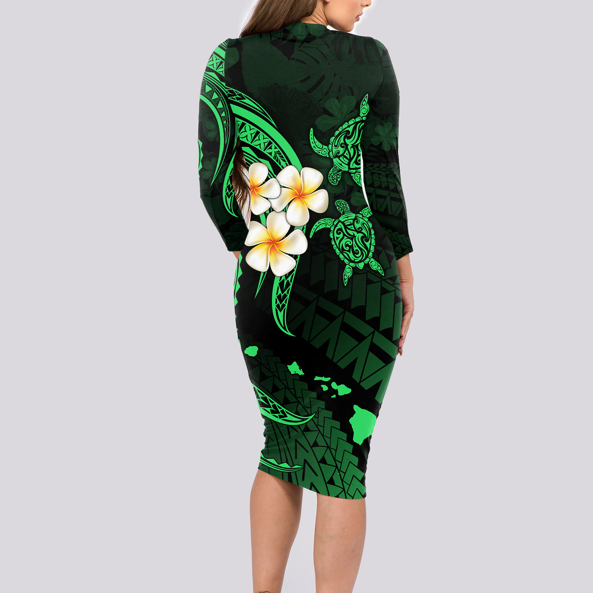 Hawaii Long Sleeve Bodycon Dress Kahoolawe Islands Polynesian Sunset Plumeria Green Vibe LT9 - Polynesian Pride