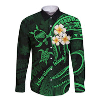 Hawaii Long Sleeve Button Shirt Kahoolawe Islands Polynesian Sunset Plumeria Green Vibe LT9 Unisex Green - Polynesian Pride
