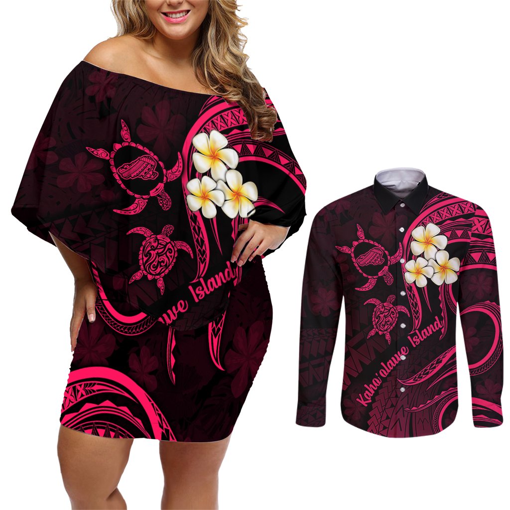 Hawaii Couples Off Shoulder Short Dress and Long Sleeve Button Shirts Kahoolawe Islands Polynesian Sunset Plumeria Pink Vibe LT9 Pink - Polynesian Pride